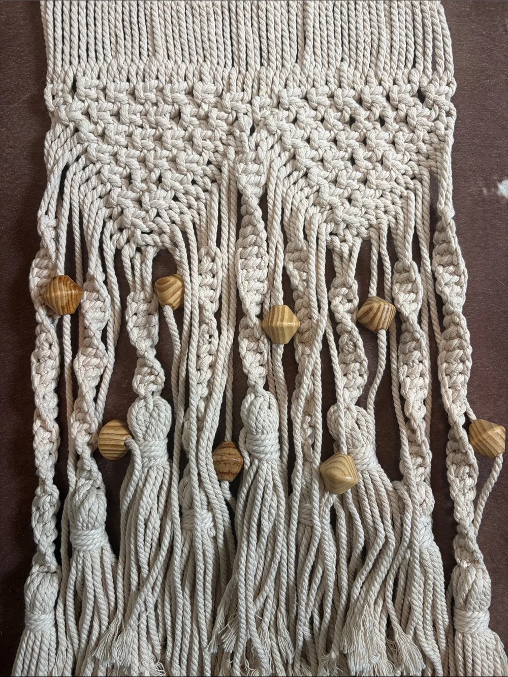 Handmade Cream Macrame Wall Hanging with Wooden Beads